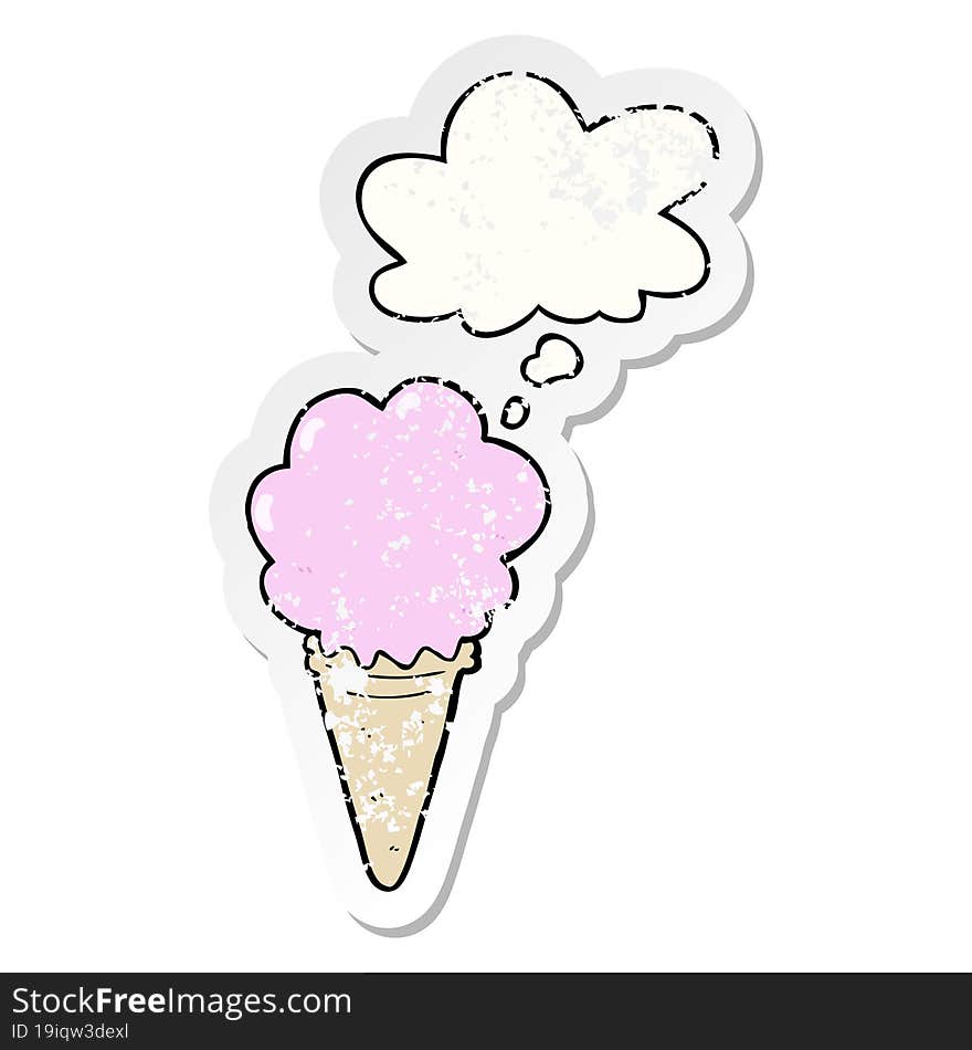 cartoon ice cream and thought bubble as a distressed worn sticker