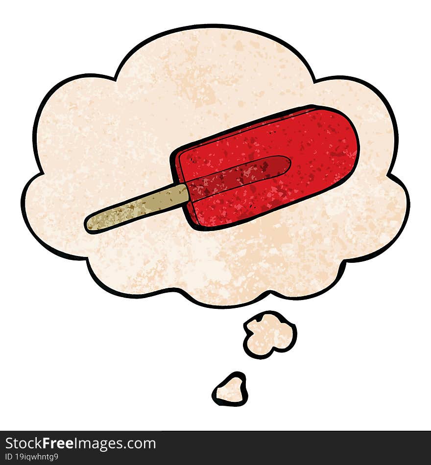 cartoon ice lolly and thought bubble in grunge texture pattern style