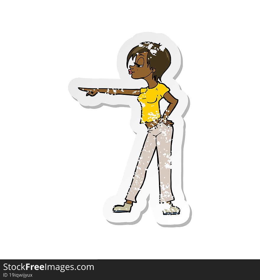 retro distressed sticker of a cartoon woman pointing