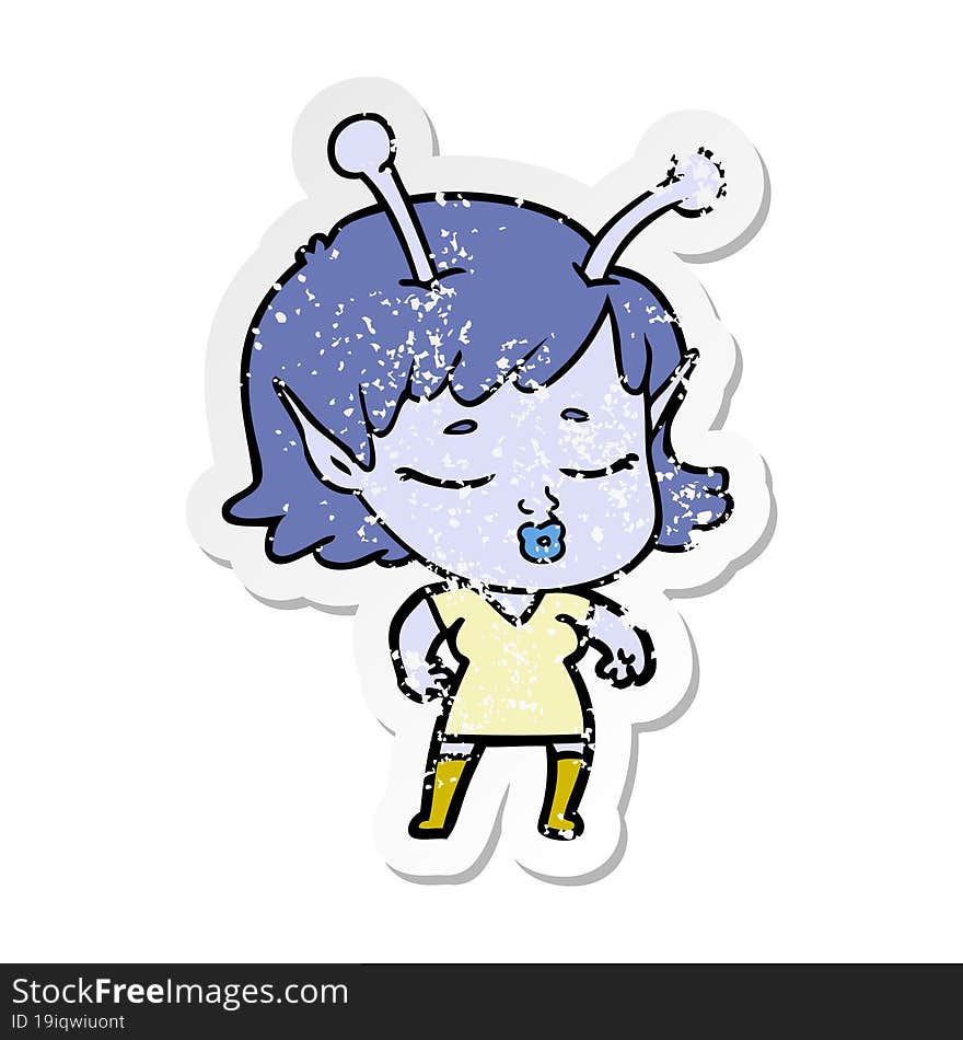 distressed sticker of a cute alien girl cartoon