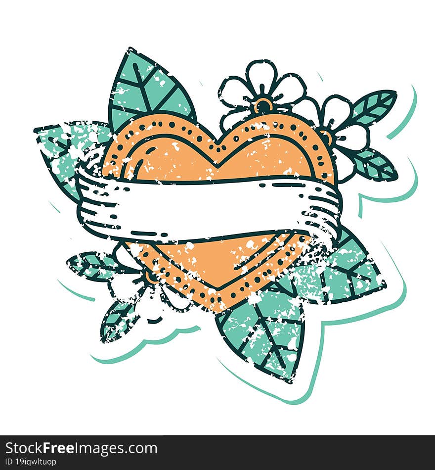 Distressed Sticker Tattoo Style Icon Of A Heart And Banner