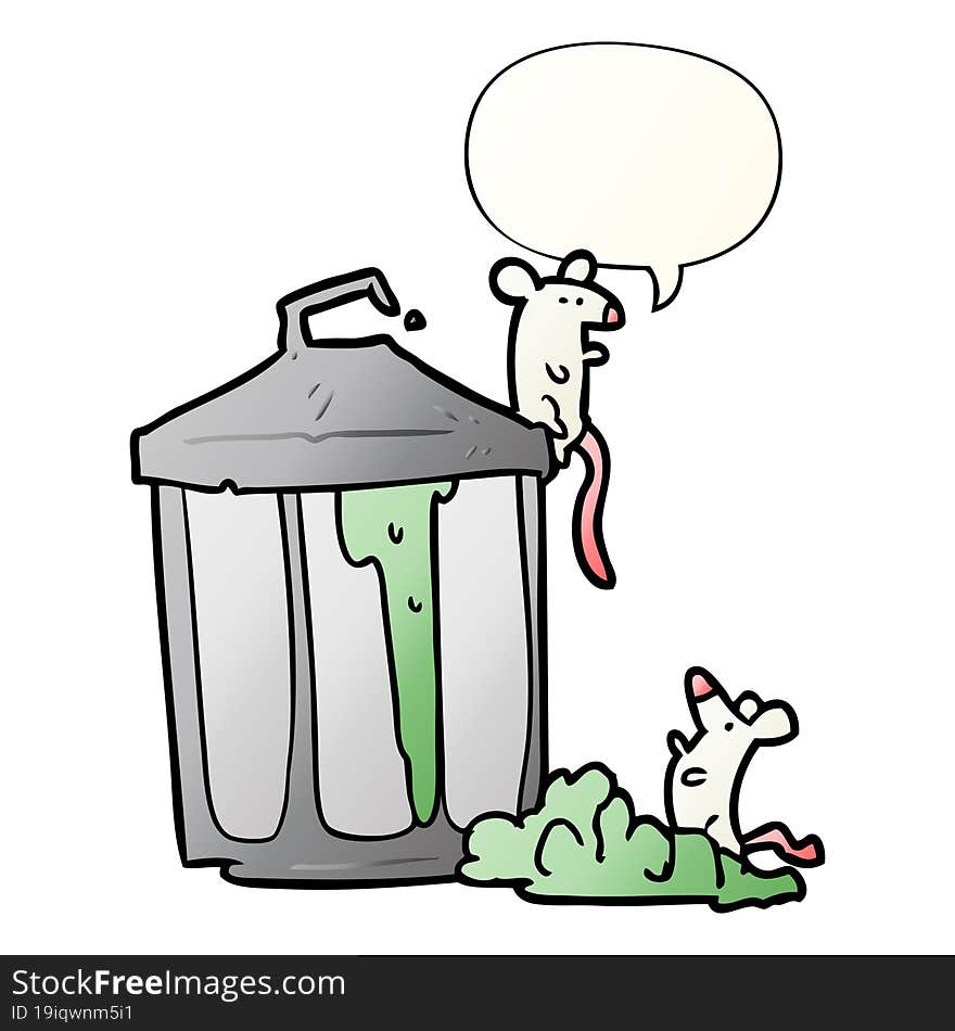 Cartoon Old Metal Garbage Can And Mice And Speech Bubble In Smooth Gradient Style