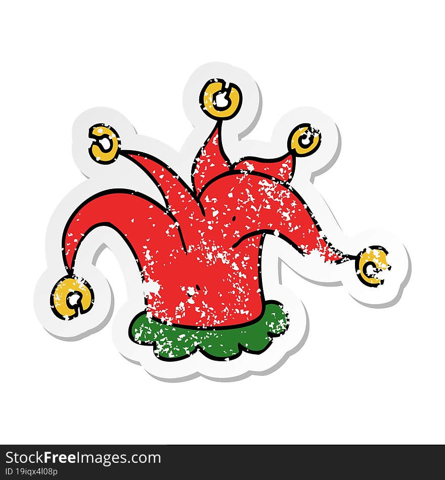 distressed sticker of a cartoon jester hat