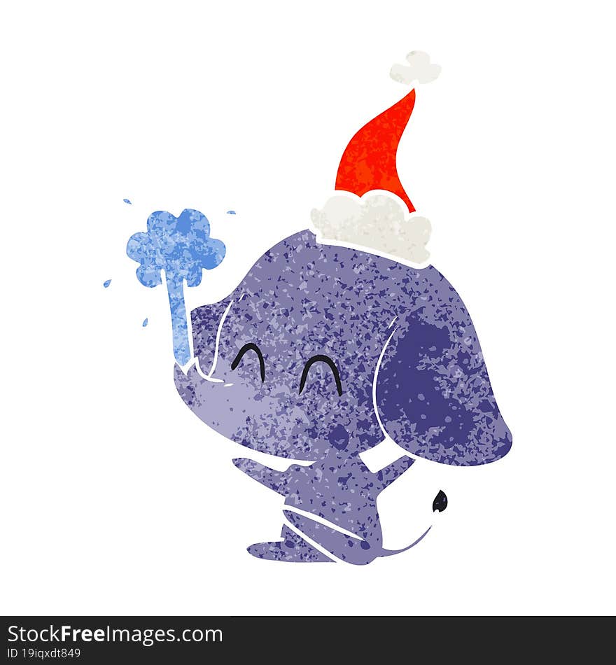 Cute Retro Cartoon Of A Elephant Spouting Water Wearing Santa Hat