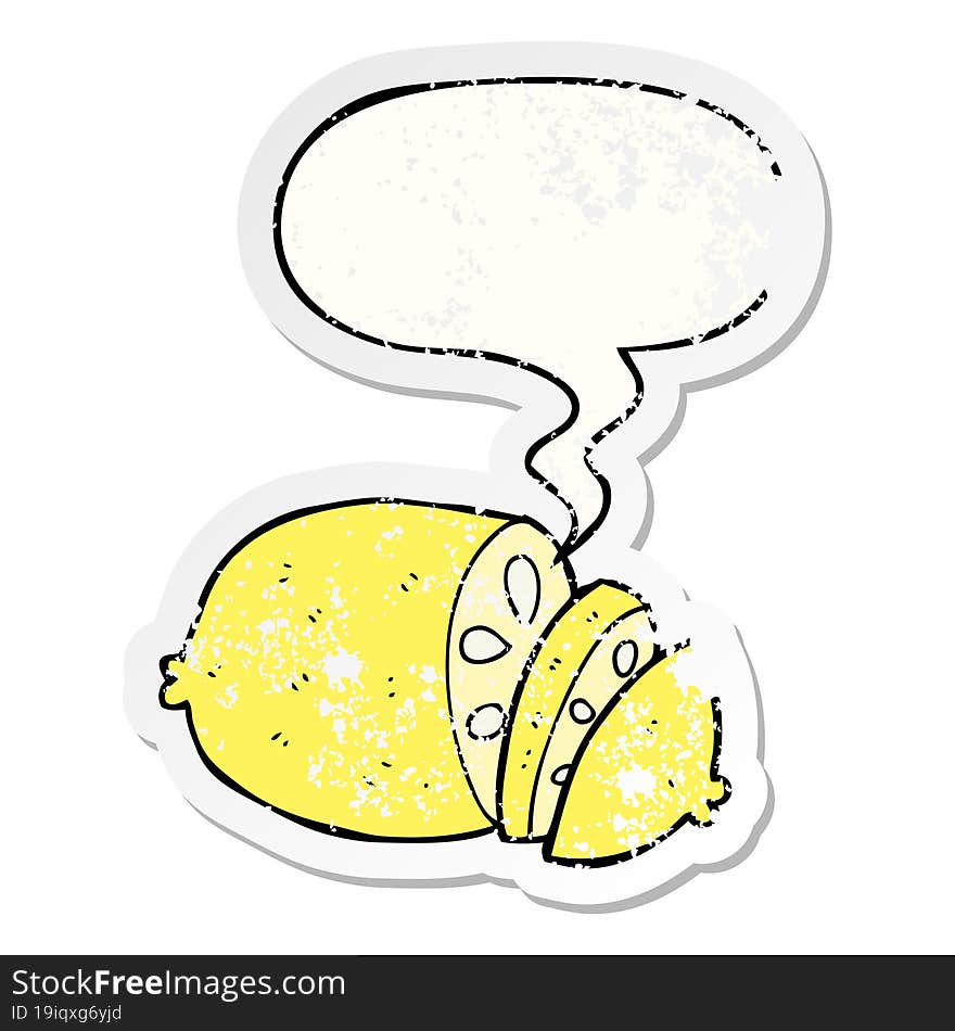 cartoon sliced lemon and speech bubble distressed sticker