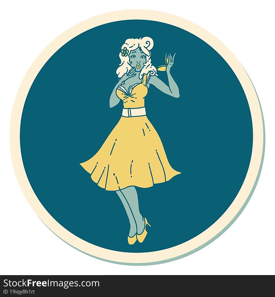 tattoo style sticker of a pinup surprised girl