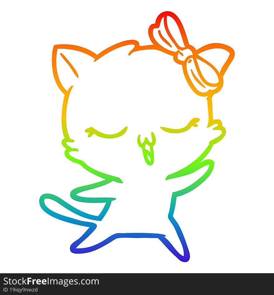 Rainbow Gradient Line Drawing Cartoon Dancing Cat With Bow On Head