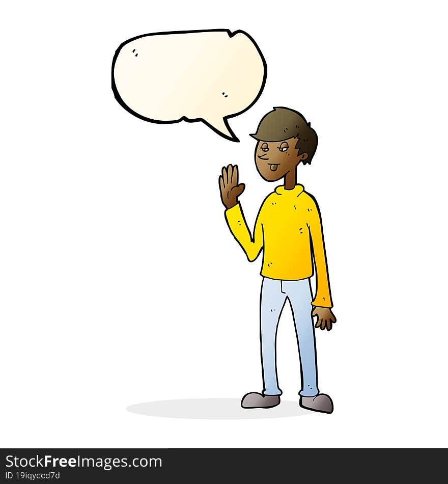 cartoon waving man with speech bubble