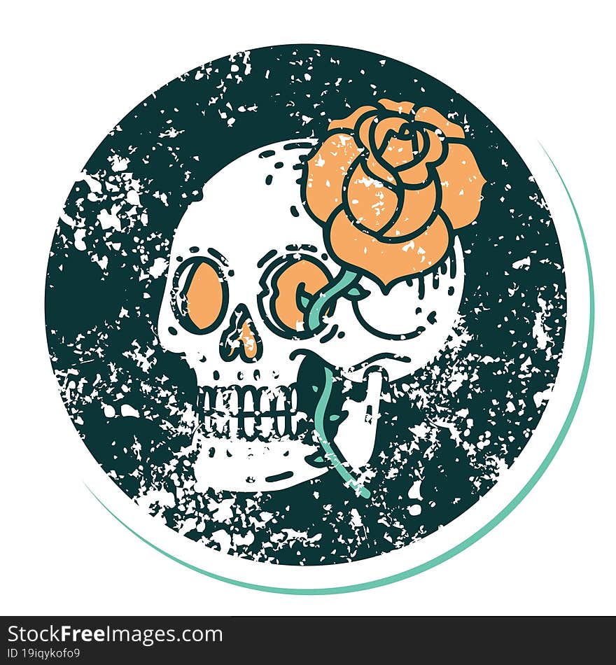 distressed sticker tattoo style icon of a skull and rose