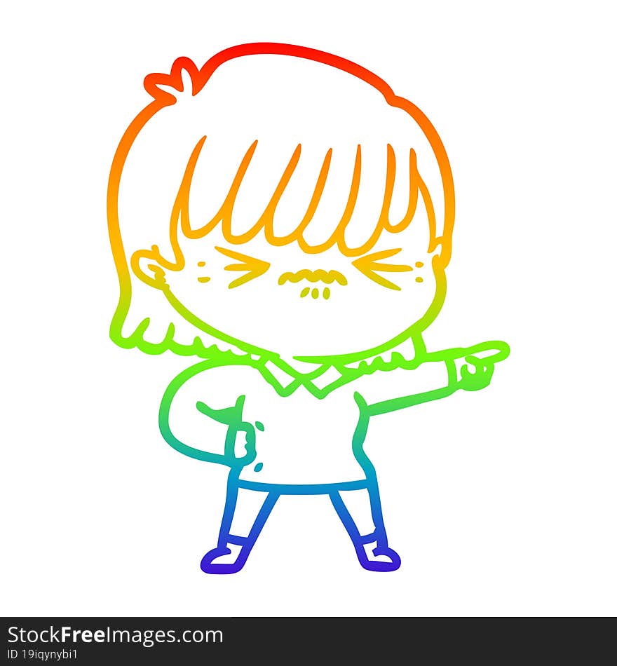 rainbow gradient line drawing annoyed cartoon girl pointing