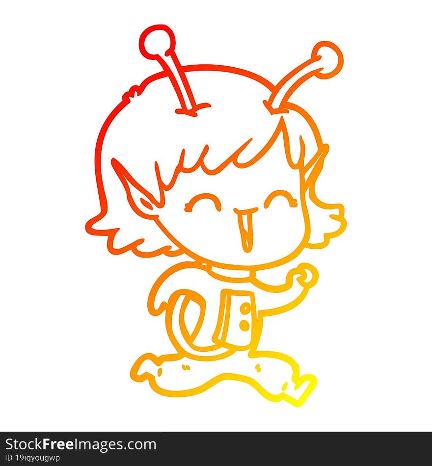 warm gradient line drawing of a cartoon alien girl laughing