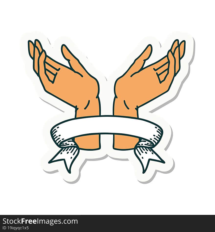 tattoo style sticker with banner of open hands