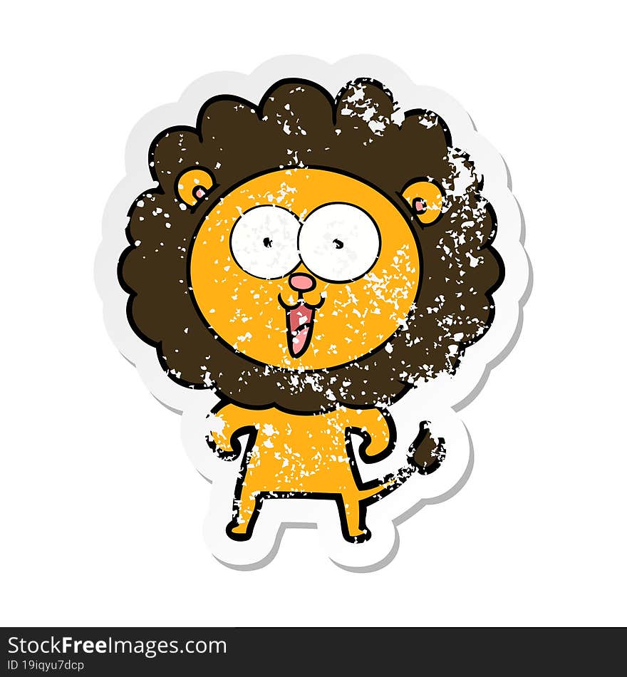 distressed sticker of a happy cartoon lion