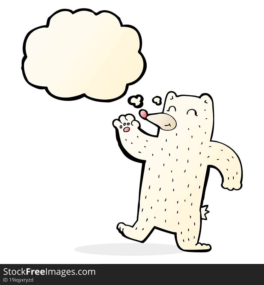 cartoon waving polar bear with thought bubble