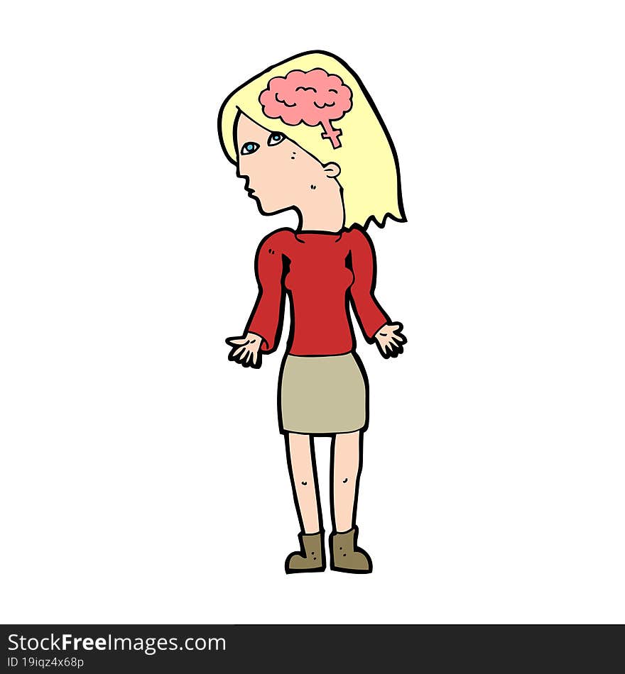 cartoon clever woman shrugging shoulders