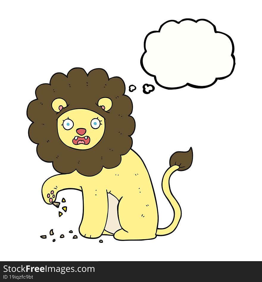 freehand drawn thought bubble cartoon lion with thorn in foot
