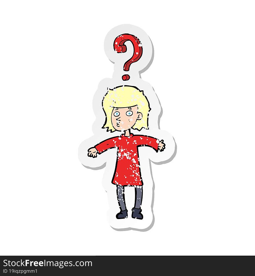 retro distressed sticker of a cartoon woman asking question