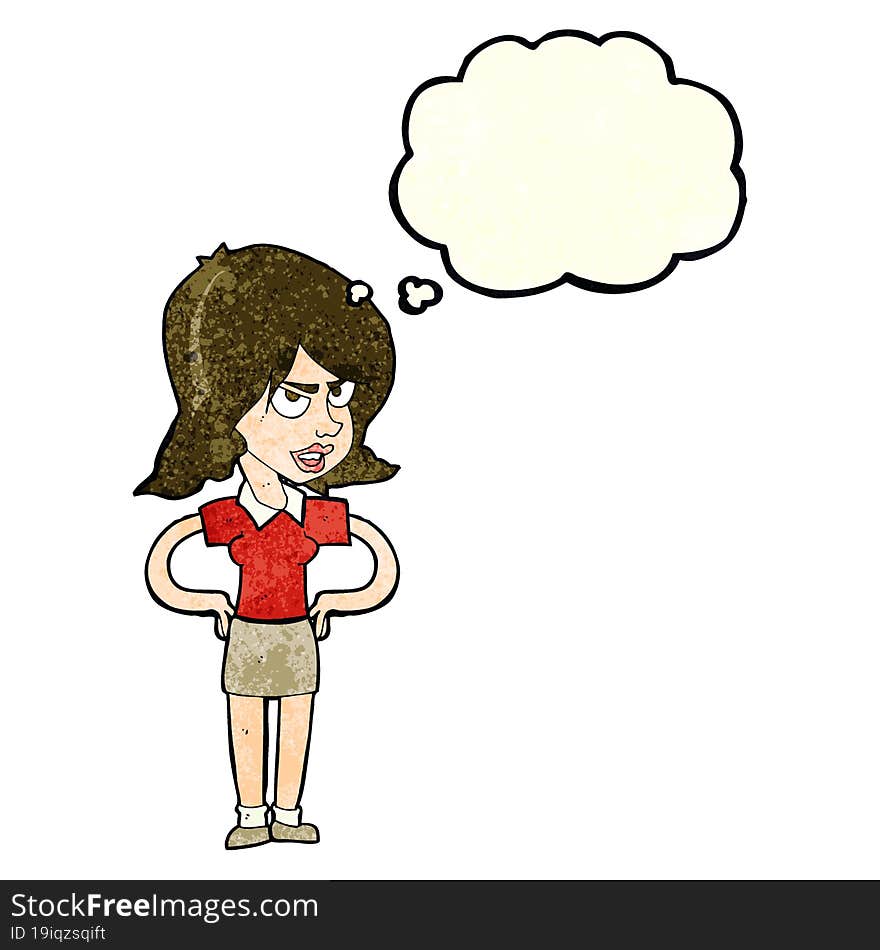 Cartoon Annoyed Woman With Hands On Hips With Thought Bubble