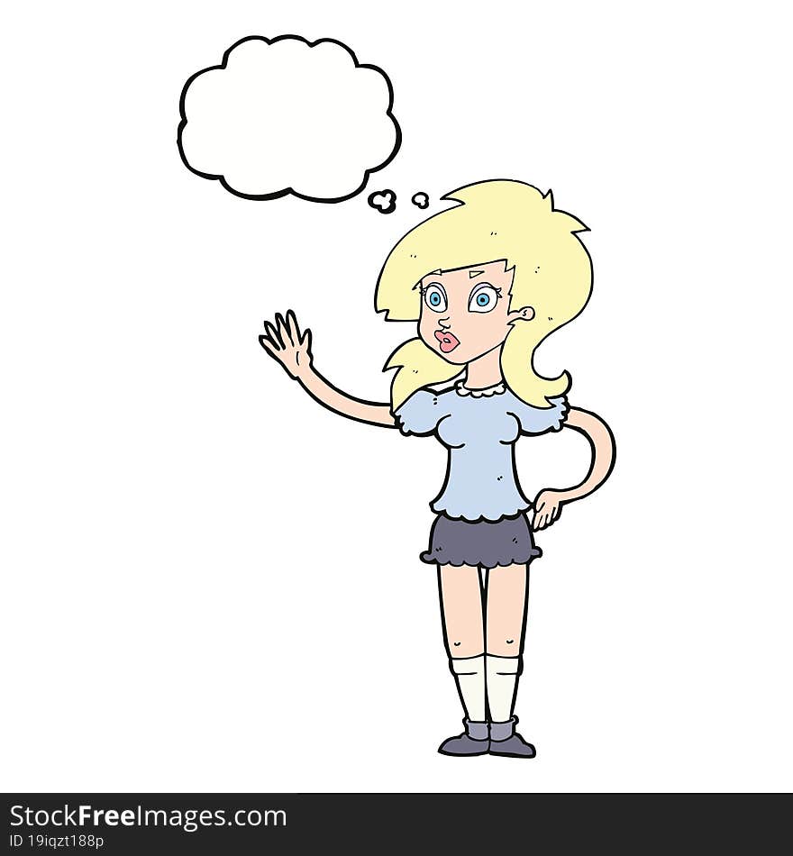 cartoon pretty woman waving for attention with thought bubble