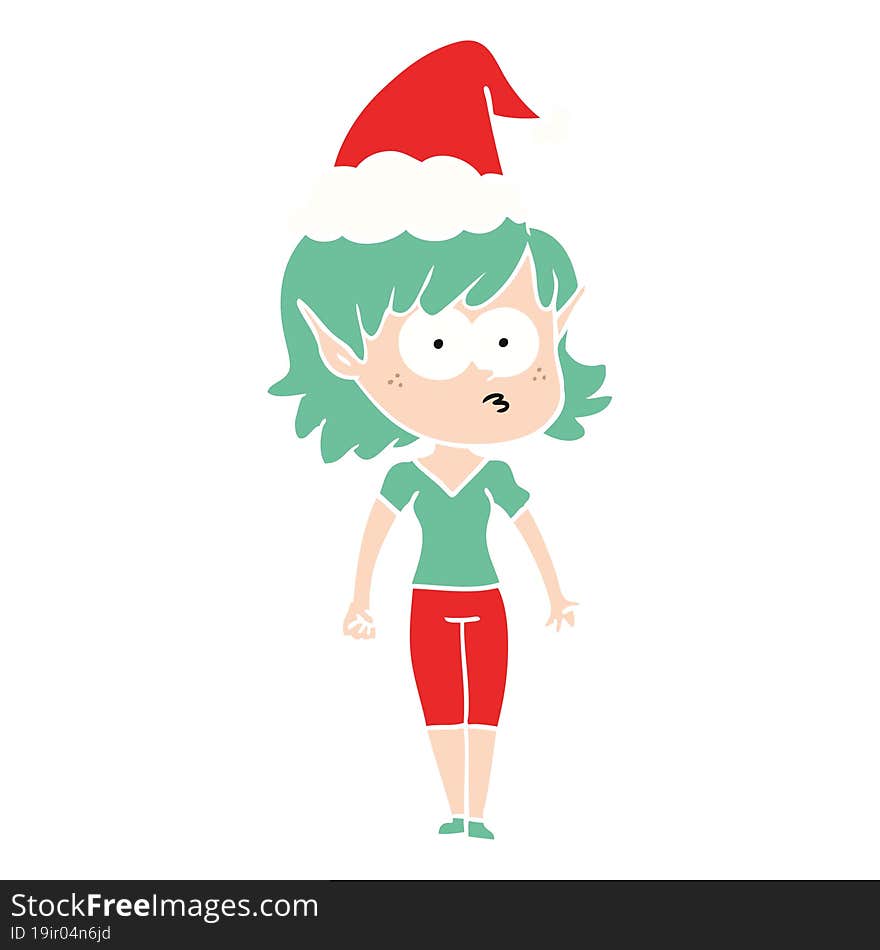 flat color illustration of a elf girl staring wearing santa hat