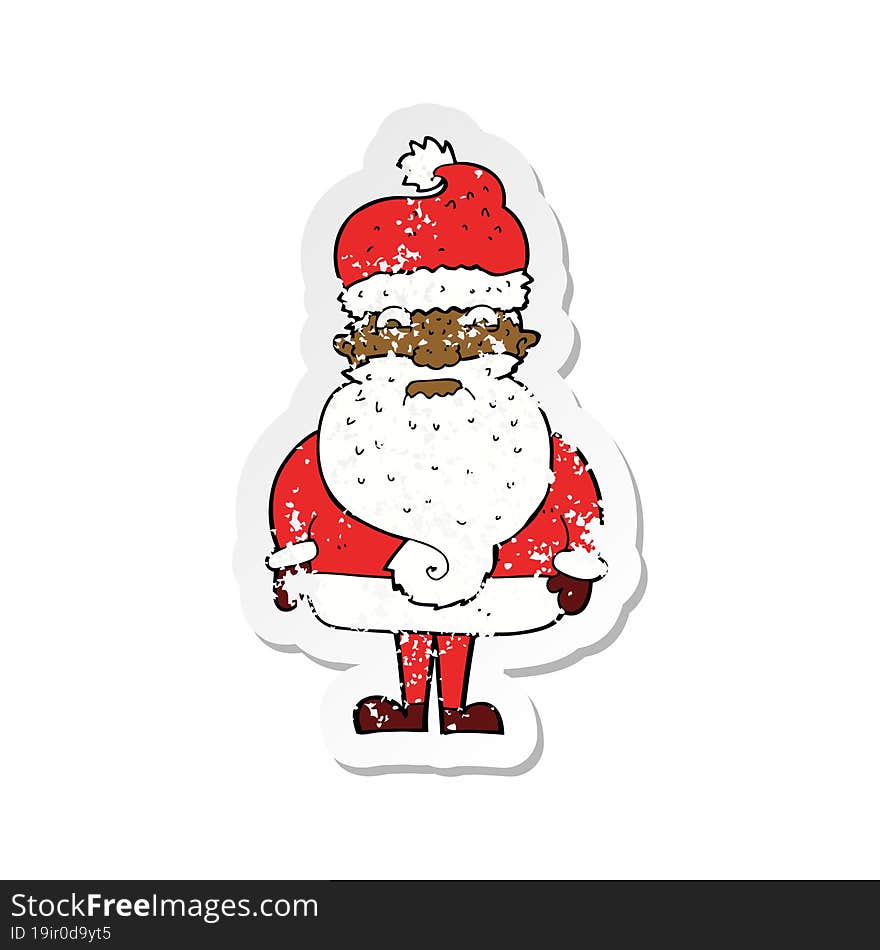 retro distressed sticker of a cartoon grumpy santa claus