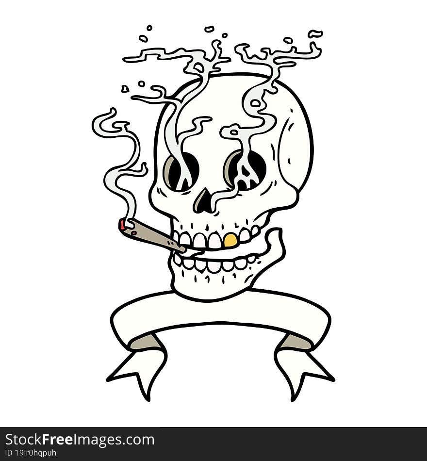 tattoo with banner of a skull smoking