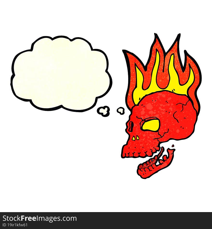 cartoon flaming skull with thought bubble