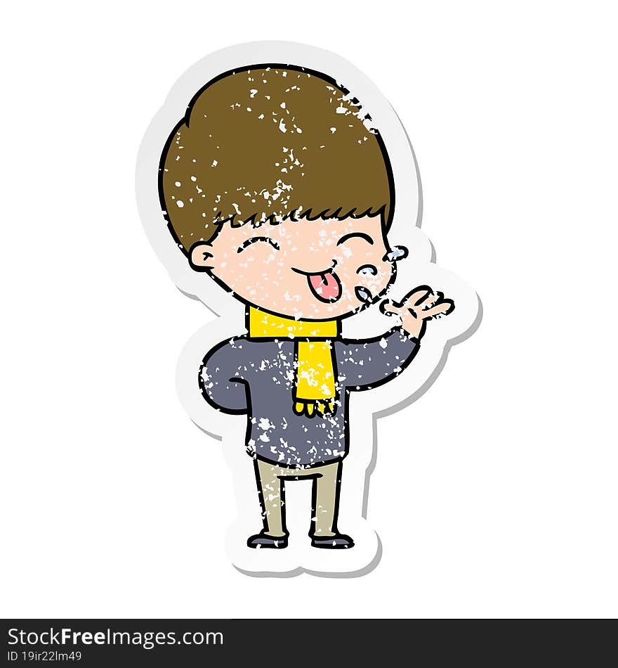 distressed sticker of a cartoon boy sticking out tongue