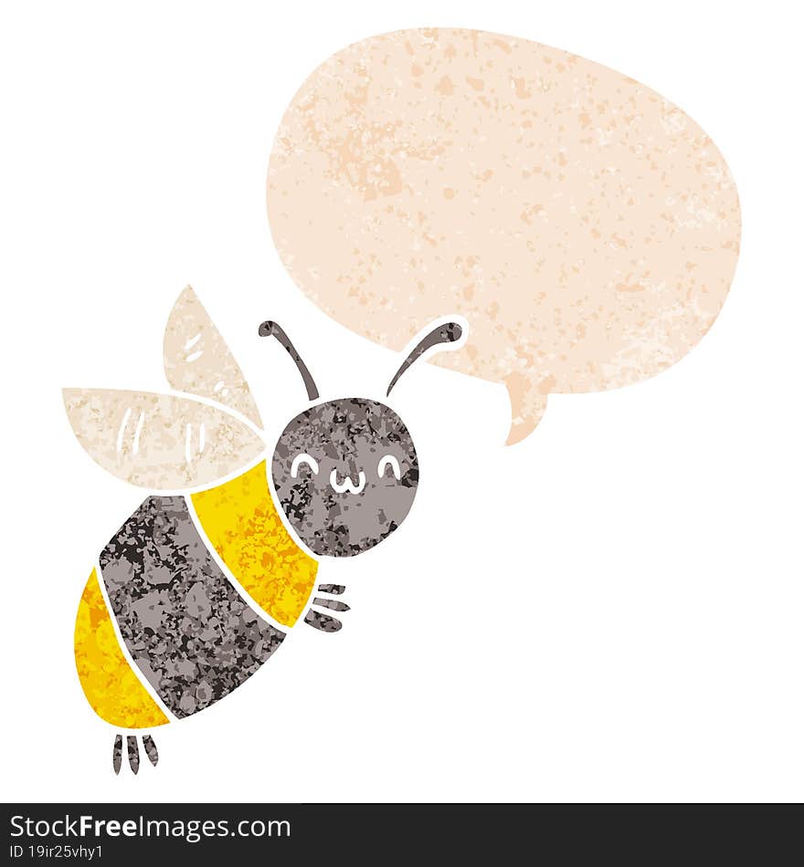 cute cartoon bee with speech bubble in grunge distressed retro textured style. cute cartoon bee with speech bubble in grunge distressed retro textured style