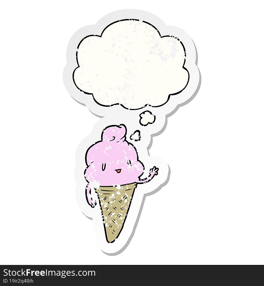cute cartoon ice cream with thought bubble as a distressed worn sticker
