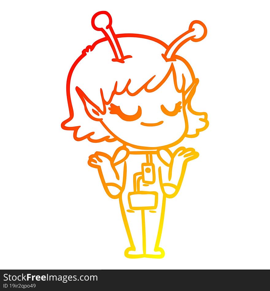 warm gradient line drawing smiling alien girl cartoon