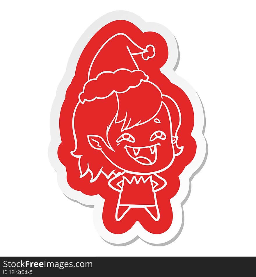 quirky cartoon  sticker of a laughing vampire girl wearing santa hat