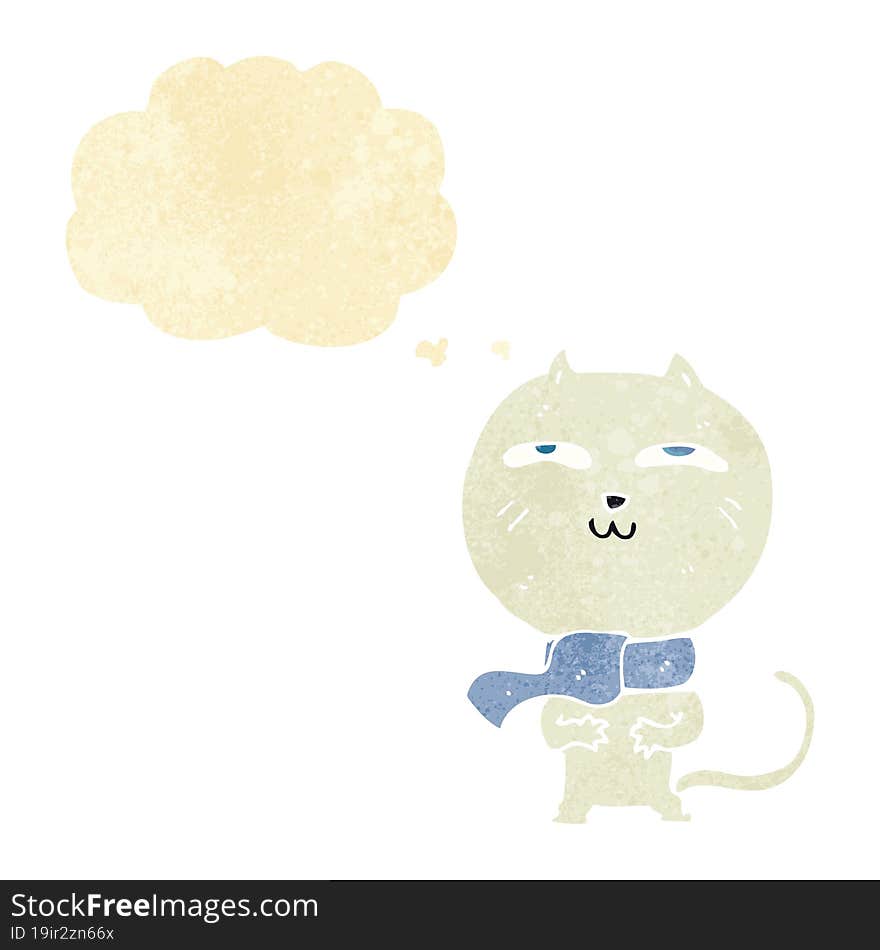 cartoon funny cat wearing scarf with thought bubble