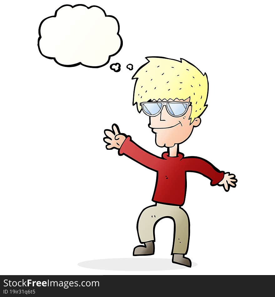 cartoon waving cool guy with thought bubble