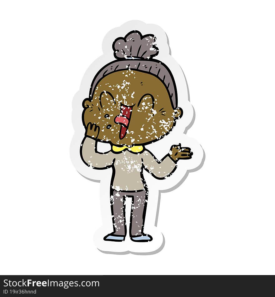 distressed sticker of a cartoon happy old woman