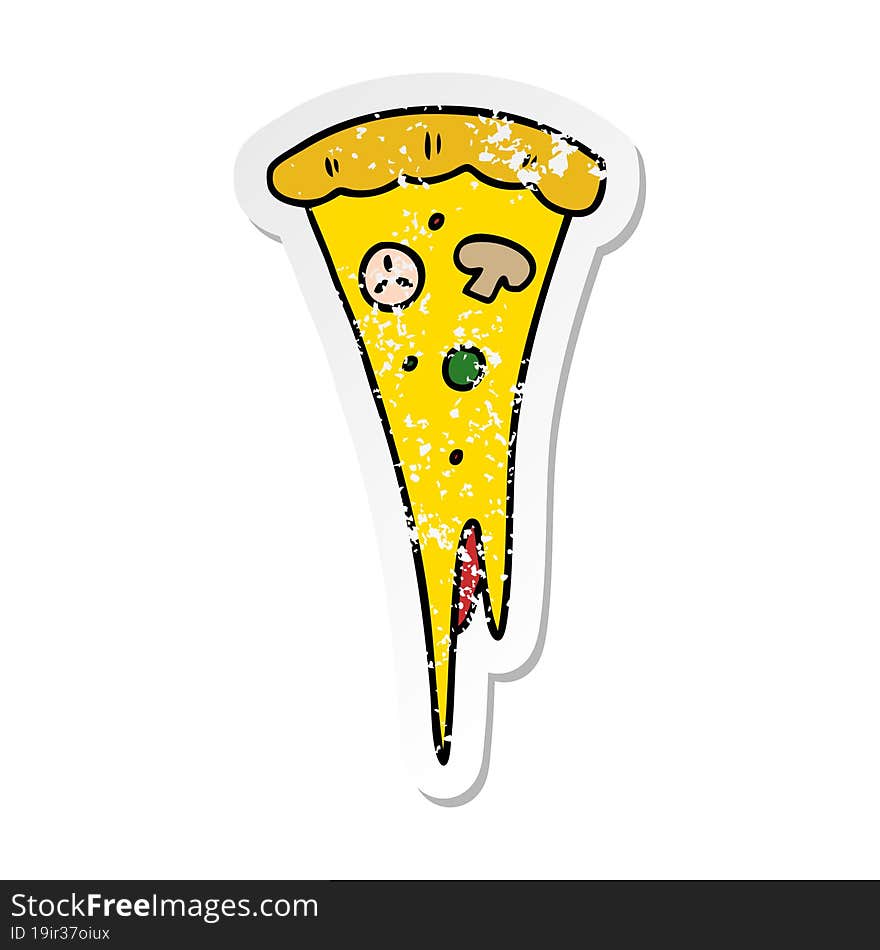 distressed sticker cartoon doodle of a slice of pizza