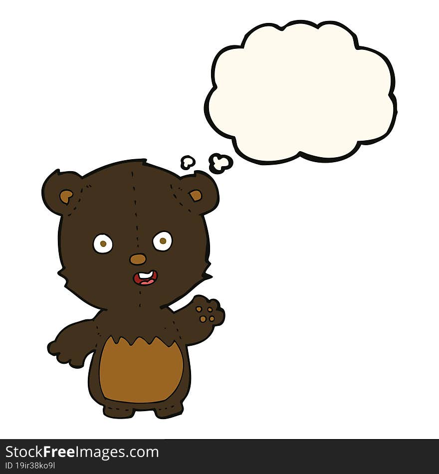 Cartoon Waving Black Bear Cub With Thought Bubble