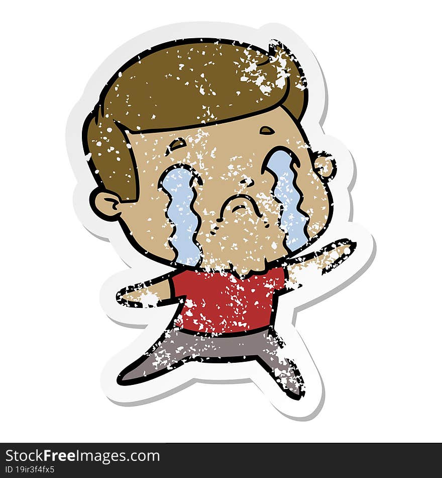 distressed sticker of a cartoon man crying