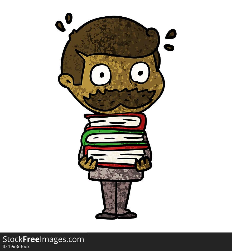 cartoon man with mustache and books. cartoon man with mustache and books