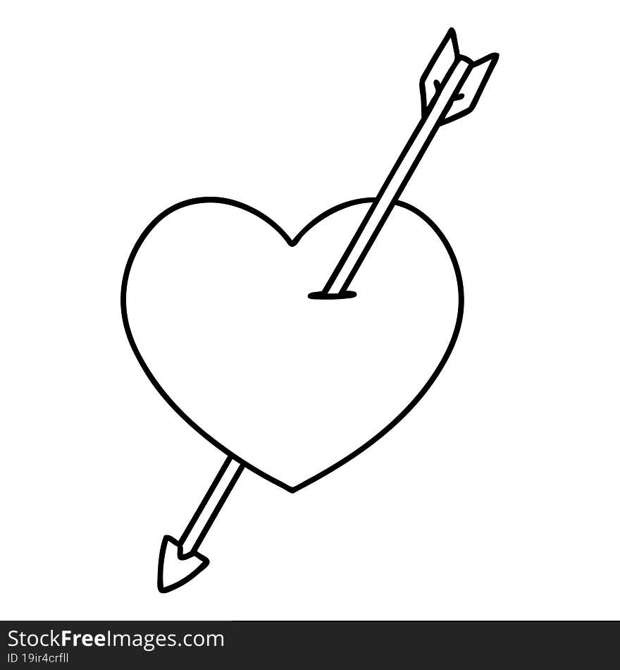 black line tattoo of an arrow and heart