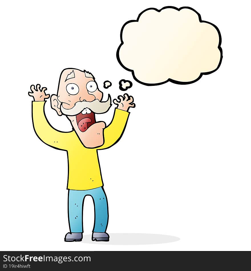 cartoon old man getting a fright with thought bubble