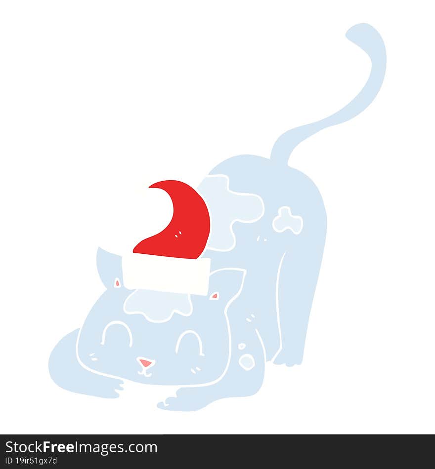 flat color illustration of a cartoon cat wearing christmas hat