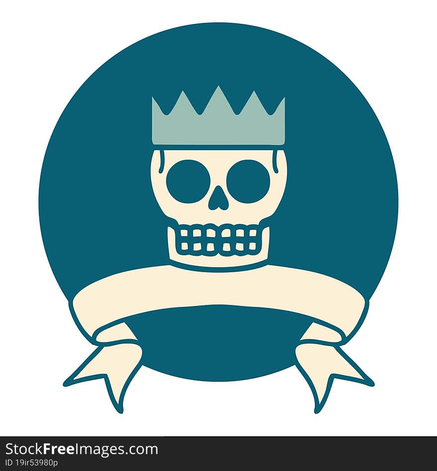 tattoo style icon with banner of a skull and crown