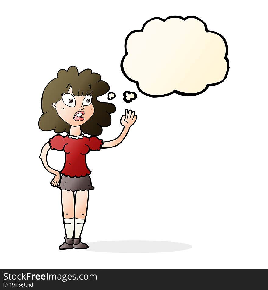 cartoon worried woman waving with thought bubble