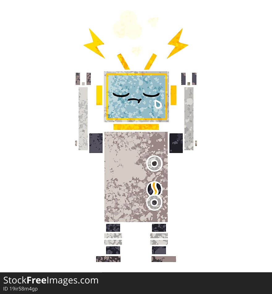 retro illustration style cartoon of a crying robot