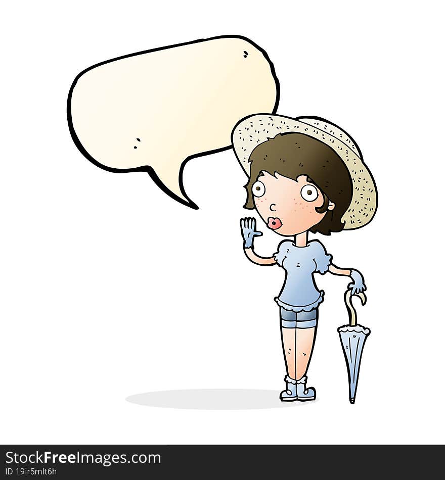 Cartoon Woman In Summer Hat Waving With Speech Bubble