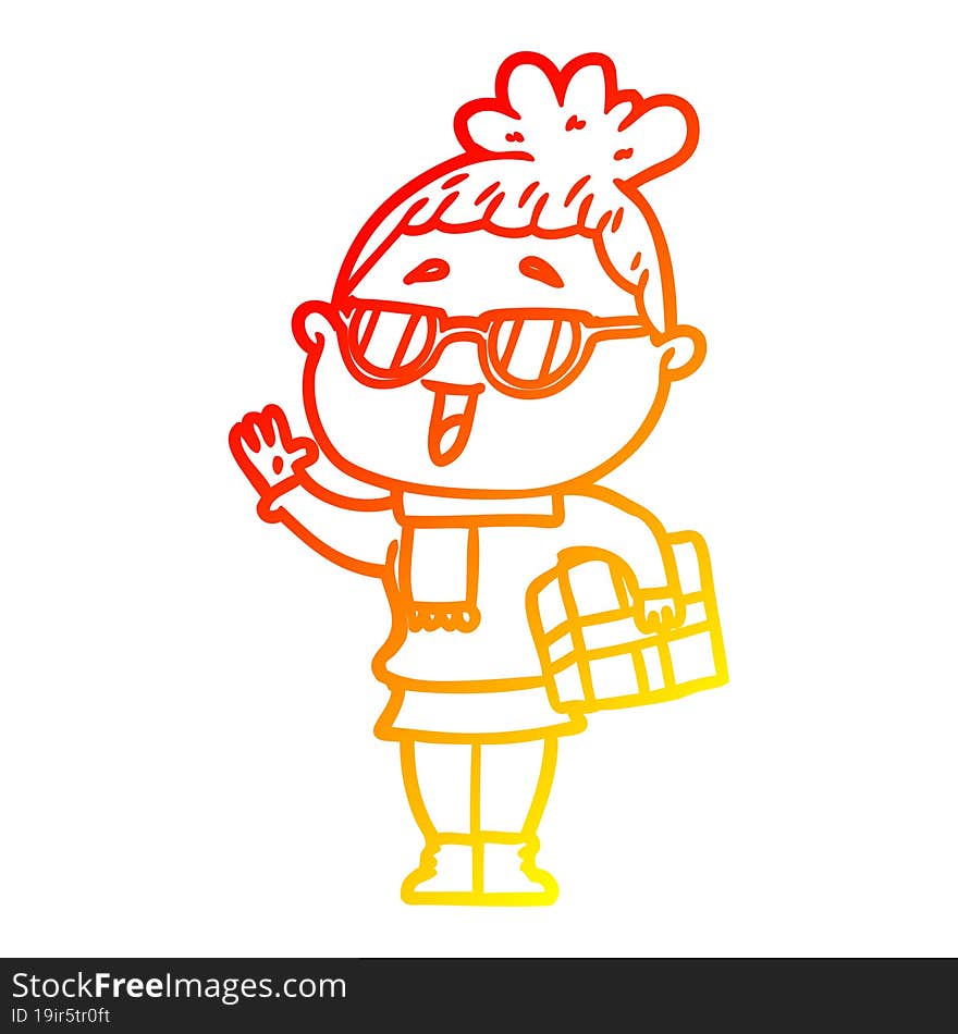 Warm Gradient Line Drawing Cartoon Happy Woman Wearing Spectacles