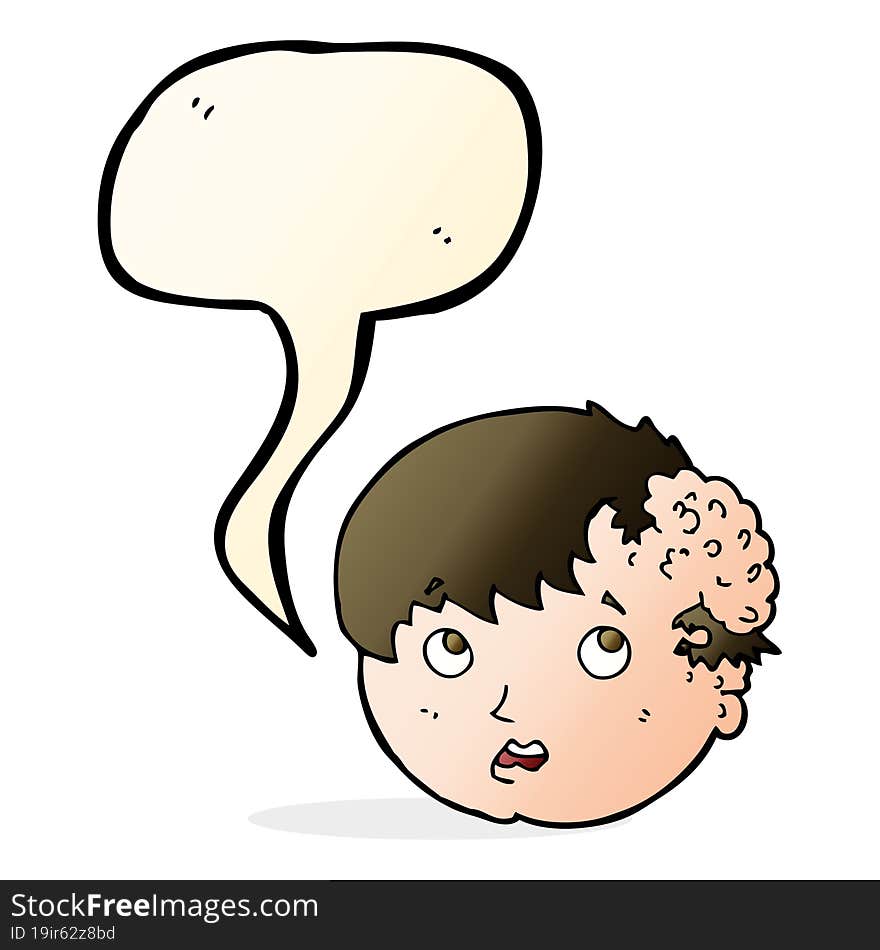 cartoon boy with ugly growth on head with speech bubble