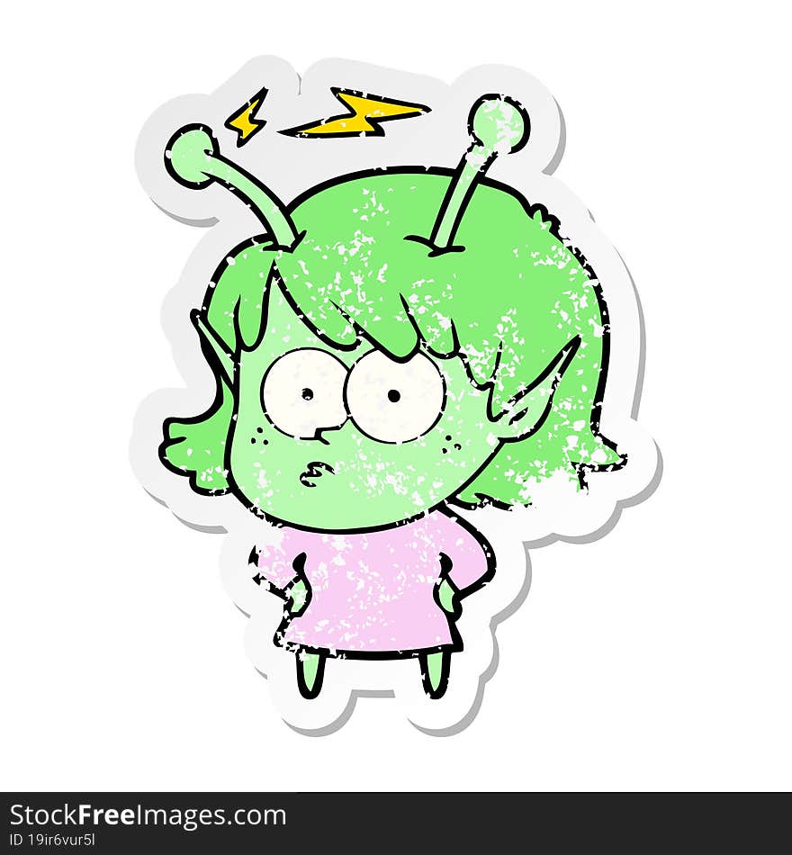 distressed sticker of a cartoon alien girl