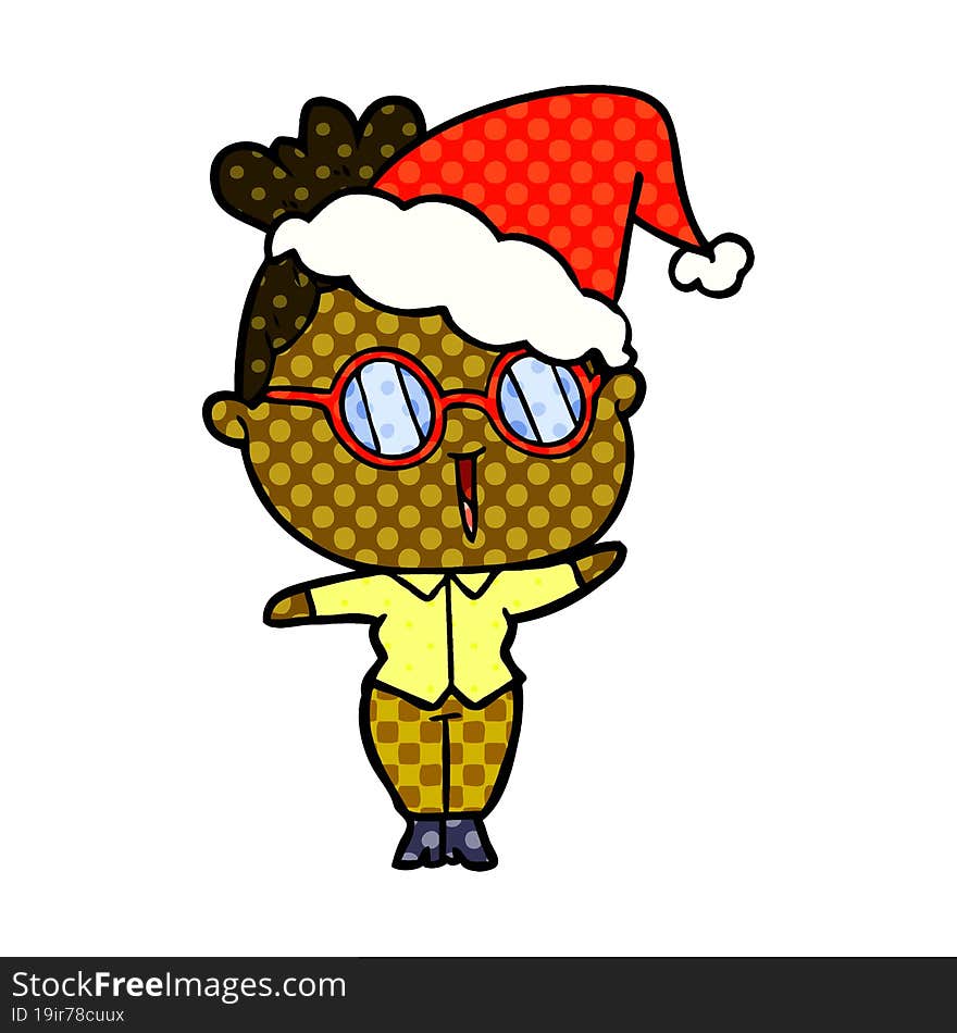 comic book style illustration of a woman wearing spectacles wearing santa hat